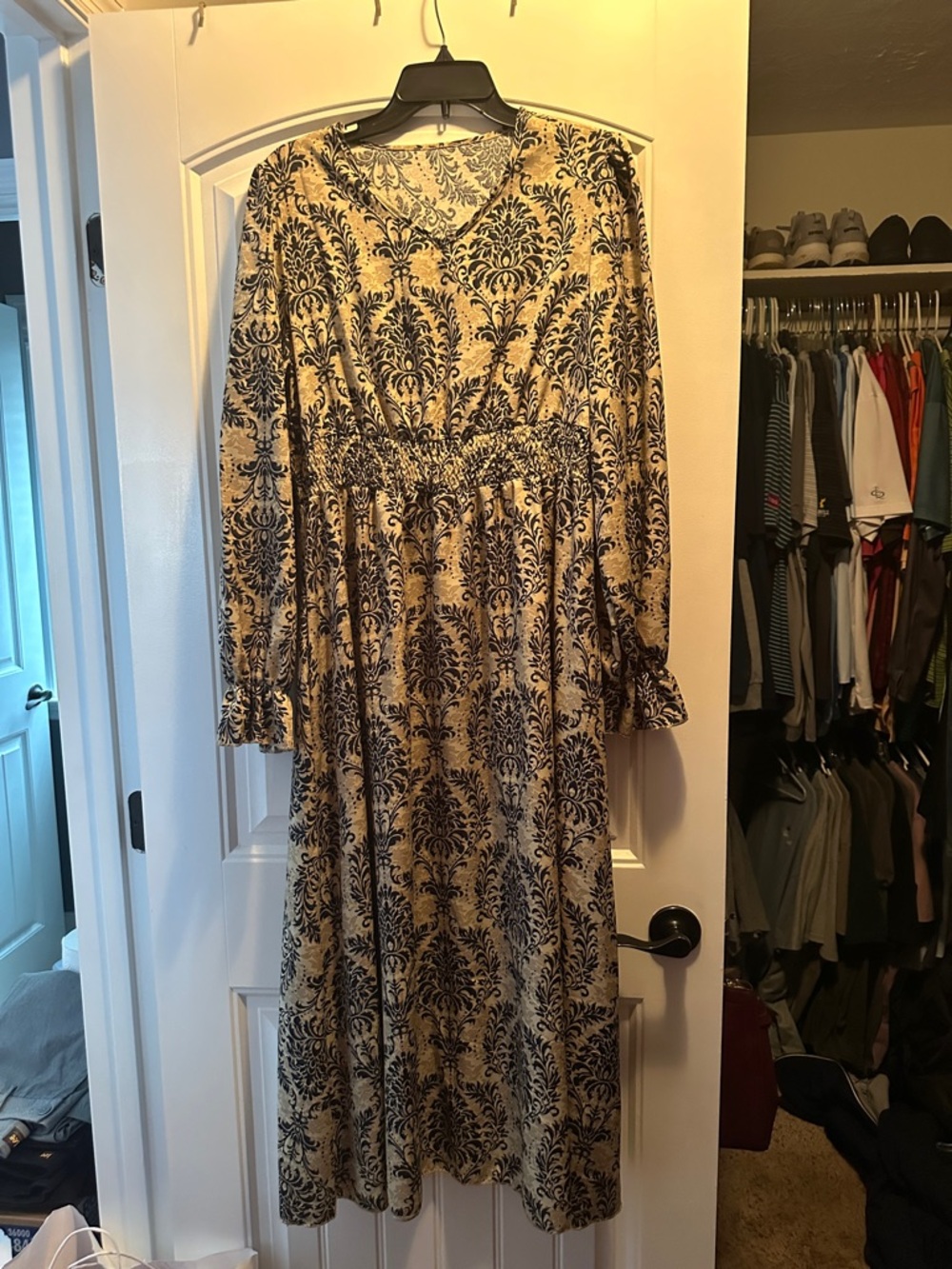 Long Sleeve Maxi Dress in Beige with Navy Damask Print